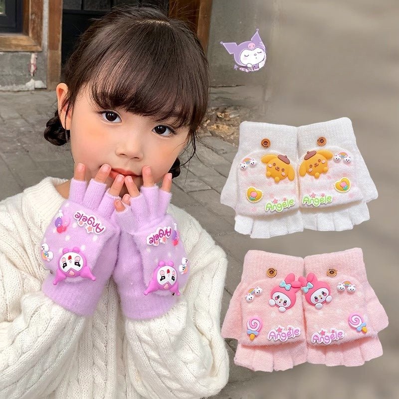 Flap Style Cute Cartoon Half Finger Warm Hand Gloves For Children