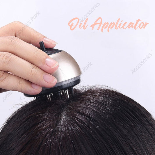 applying hair oil with oil applicator tool, promote hair growth and blood circulation